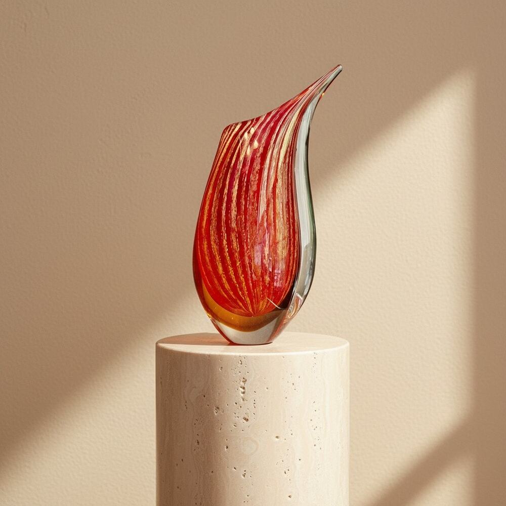 Murano Style Sommerso Art Glass Vase-Red Gold-Hand Blown-Modernist-Sculptural